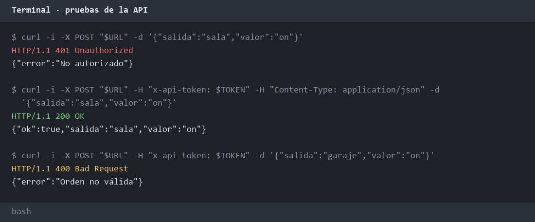 Terminal con tres llamadas curl a la API: sin token responde 401, con una orden válida responde 200 y con una salida desconocida responde 400